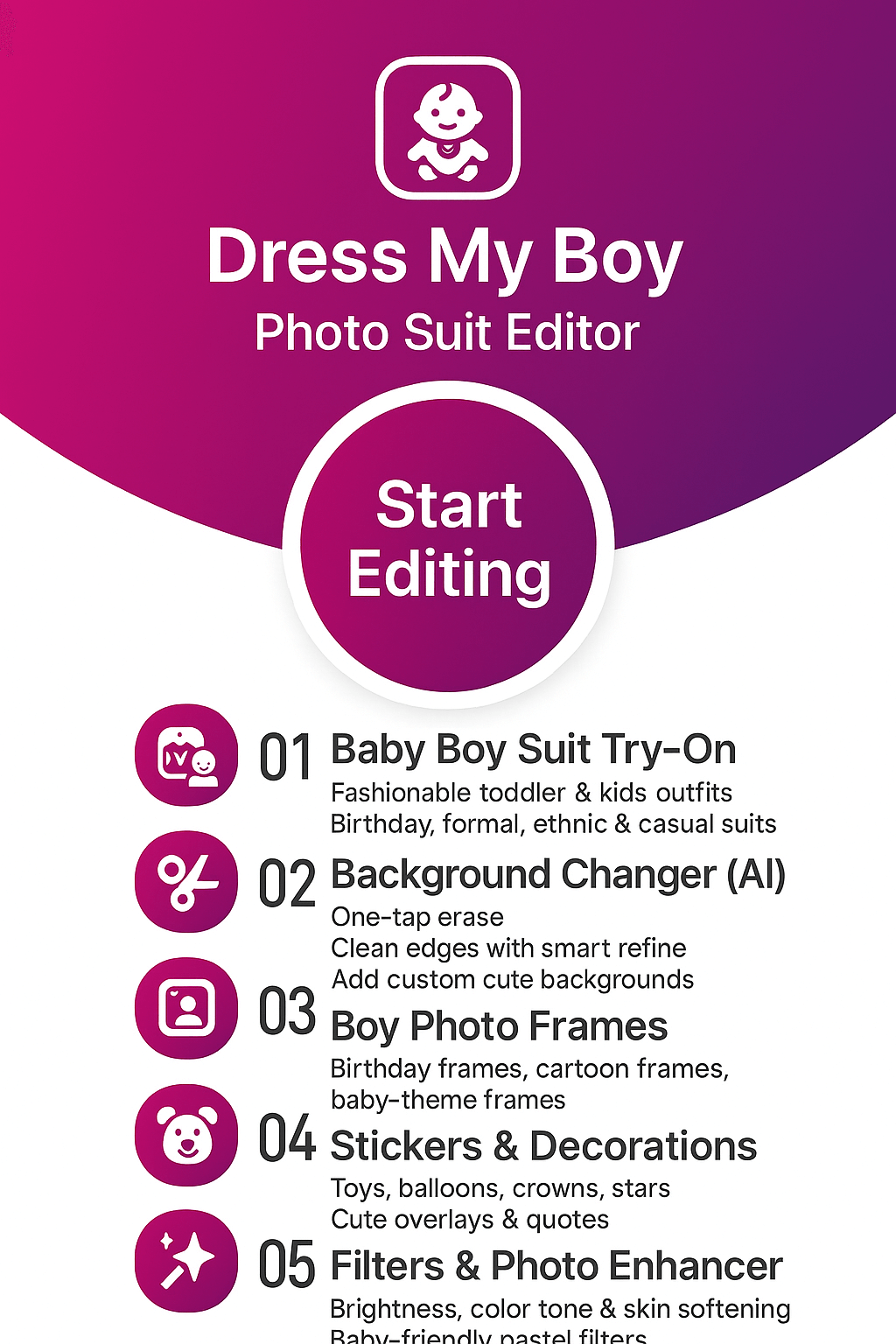 Before and after baby boy fashion makeover with kids outfits and filters in Dress My Boy: Photo Suit Editor