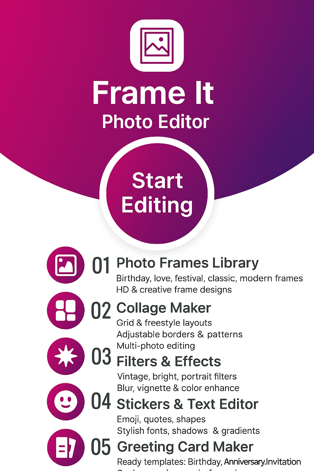 Greeting card maker with text, stickers and filters in Frame It: Photo Editor