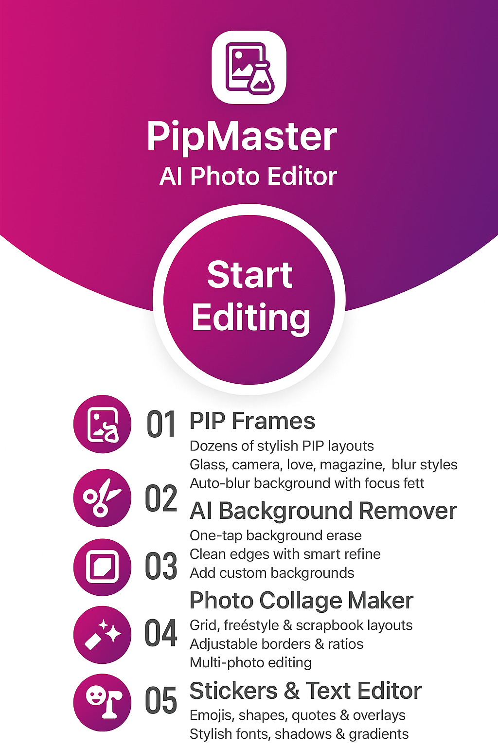 Selfie camera, filters, overlays and stickers applied in PipMaster: AI Photo Editor