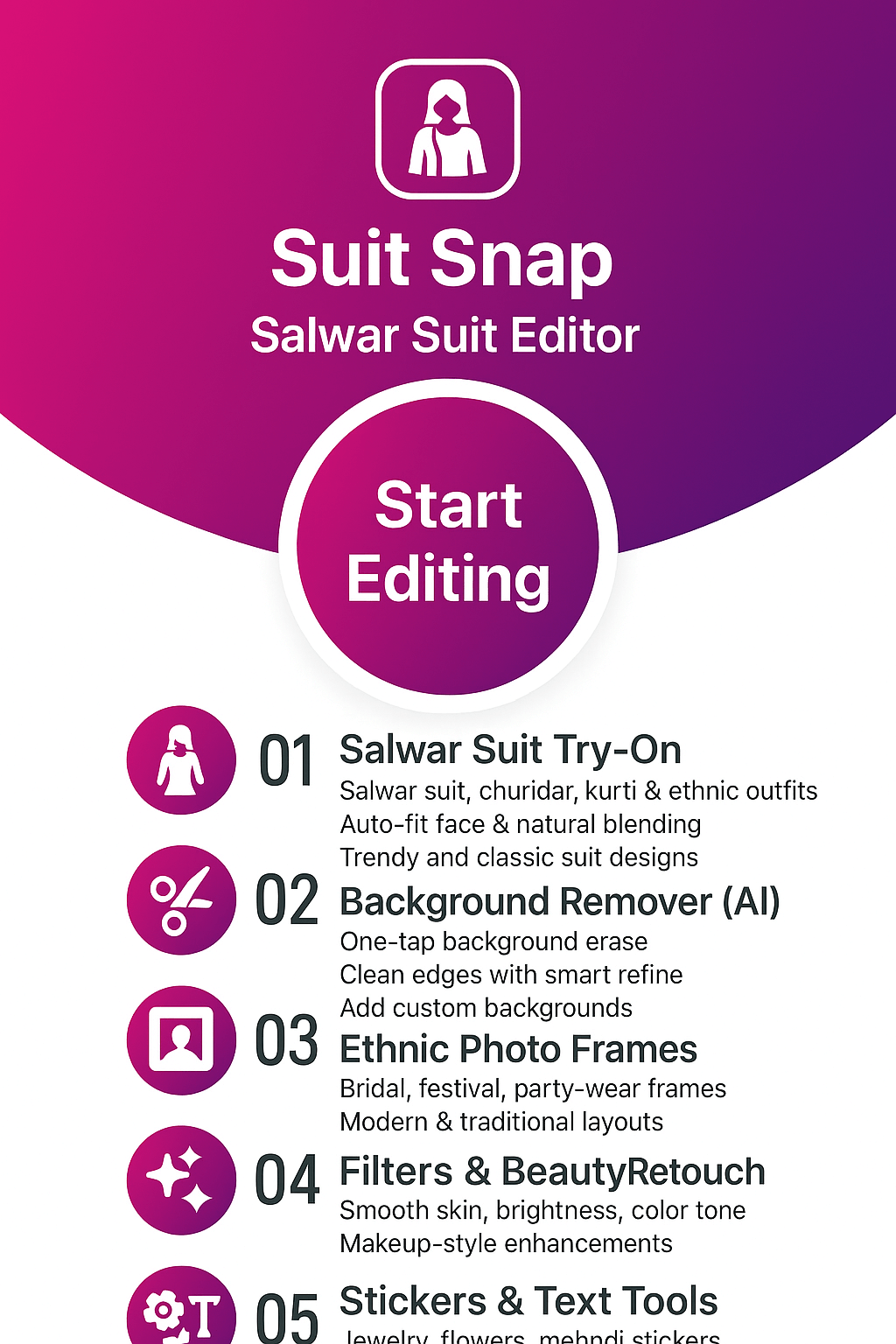 Suit Snap salwar suit editor with background eraser, filters, stickers and text tools
