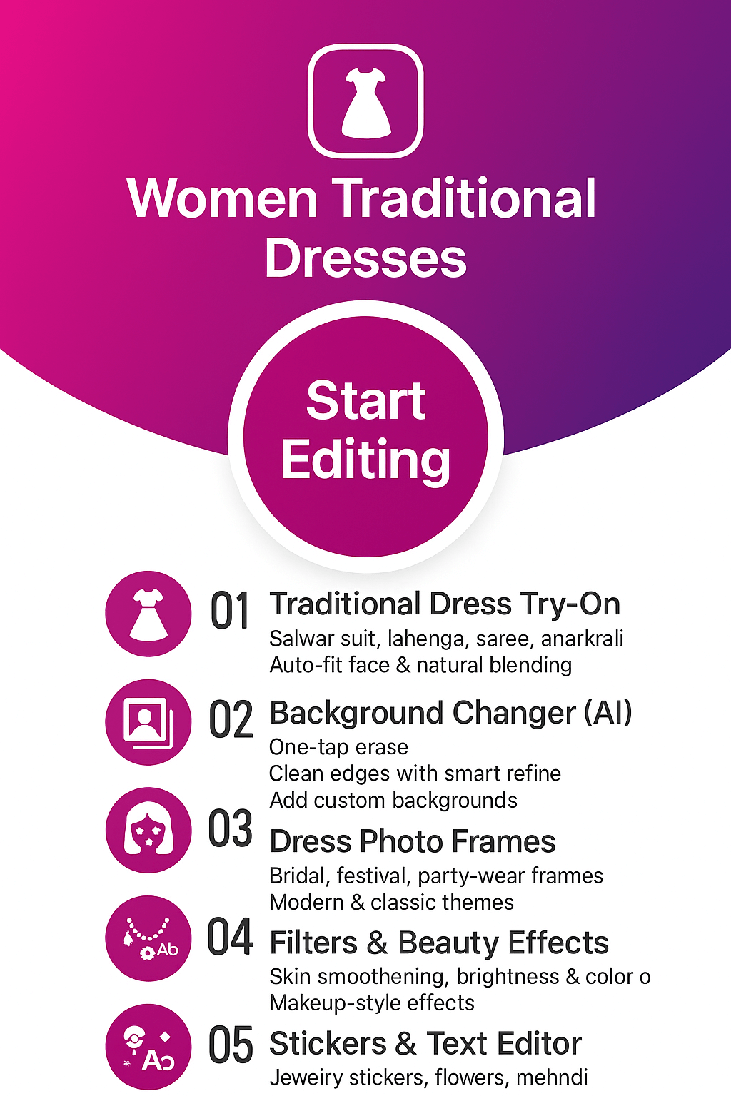 Dress change editor with crop, background eraser and girls dresses frames in Women Traditional Dresses app